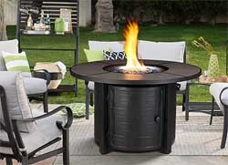 Black Round Fire Pit Table with Blue Fire Glass and Metal Fire Bowl Lid
