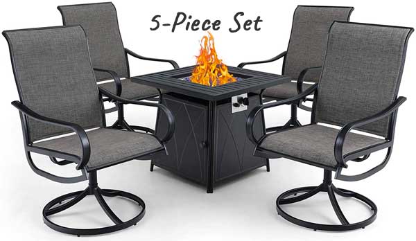 5-Piece Fire Pit Conversation Set with High-Back Swivel Chairs and Gas Fire Table