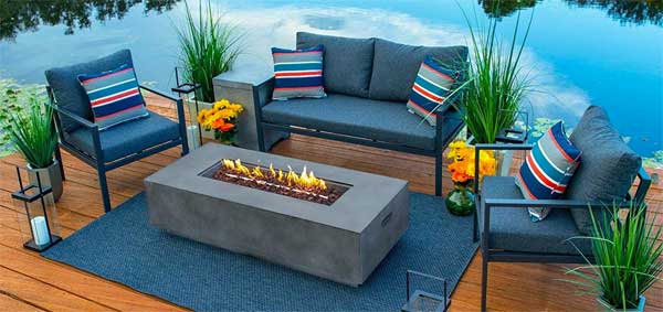 Akoya Fire Pit Table Conversation Set with Concrete Table, Sofa and 2 Chairs