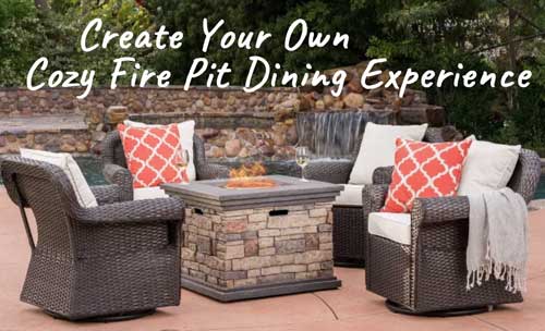 Ariel Fire Pit Table Set with 4 Cushioned Swivel Wicker Chairs