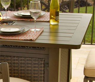 Close Up of Bar Height Fire Pit Table Made of All-Weather Wicker & Aluminum