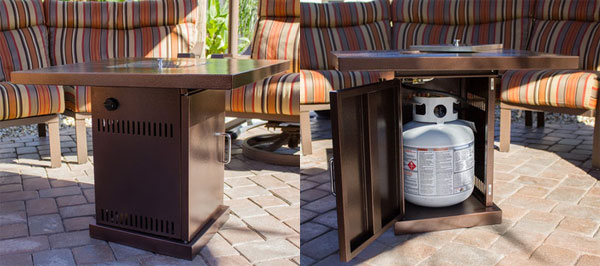 Bronze Fire Pit Table Showing Hidden Propane Tank