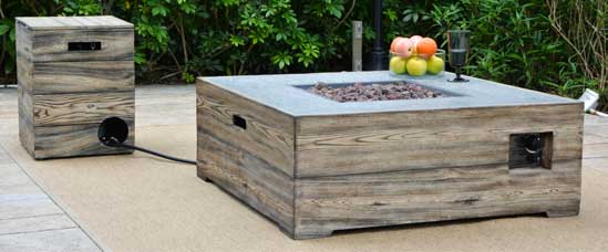 Faux Wood and Stone Square Fire Pit Table with Matching Propane Gas Tank Cover