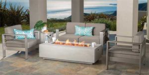 Fire Table Patio Set with Concrete Fire Pit Table with Matching Upholstered Outdoor Sofa and 2 Chairs