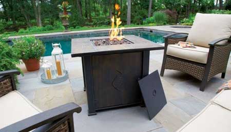 Lara Outdoor Gas Fire Pit Table with Steel Sides and Faux Stone Envirostone Tabletop with Fire Bowl Lid and Cover Included