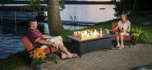 People Sitting Around Montego fire Pit Table in Backyard