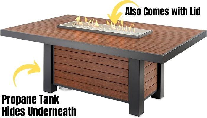Outdoor Fire Pit Dining Table with Lid Cover and Hidden Compartment for Propane Gas Tank