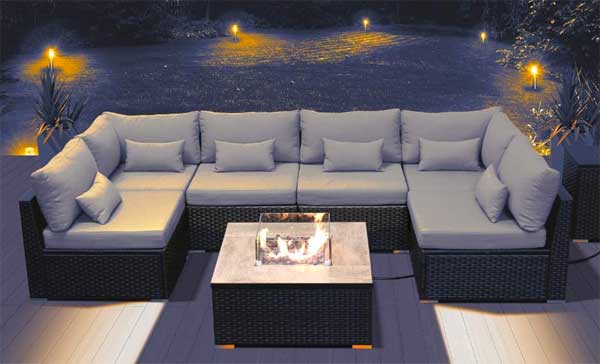 Patio Sectional at Night on Patio with Gas Fire Pit Table