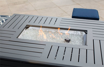 Close-Up of Red Ember Longmont Fire Bowl with Clear Glass and Flames