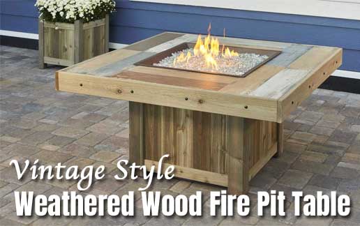 Vintage Style Rustic Fire Pit Table with Weathered Wood Planks