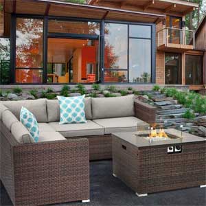 Outdoor Sectional Sofa with Fire Pit Set