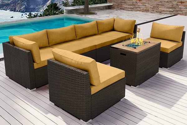 7-Piece Wicker Patio Sofa Set with Fire Table
