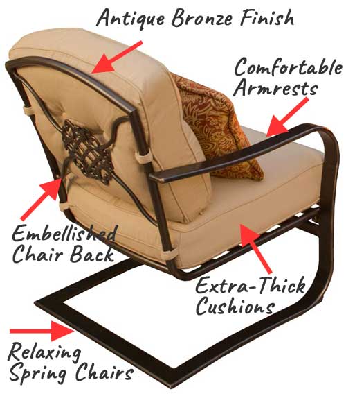Spring Chair Features with Thick Cushions, Embellished Chair Back, Antique Bronze Finish, Comfortable Armrests
