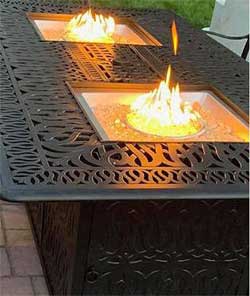 Bar Height Fire Table with 2 Fire Bowls and Decorative Metal Tabletop