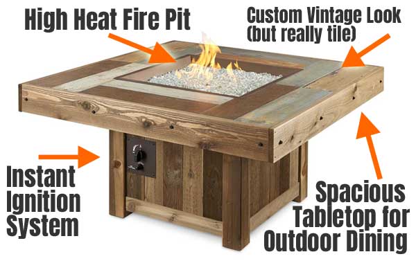 Vintage Rustic Fire Pit Table Features (heat output, tabletop size, faux wood material, instant ignition)
