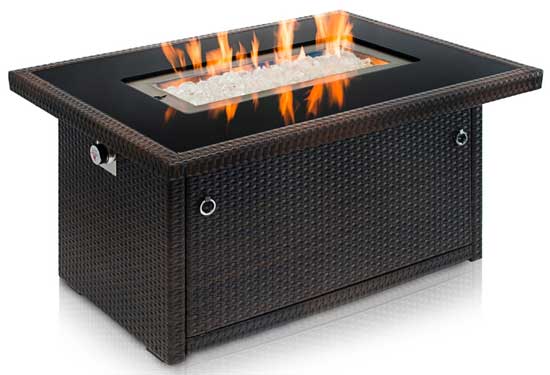 Wicker Fire Table with Flames and Reflective Tempered Glass Top