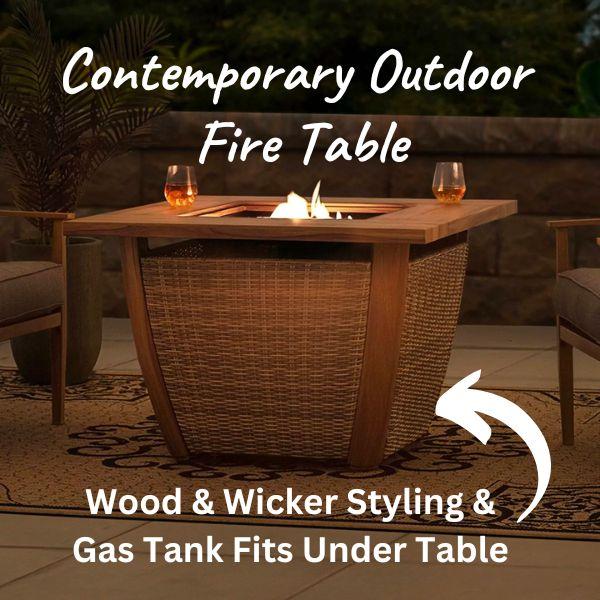 Outdoor Wicker Gas Fire Table with Propane Gas Tank Hidden Underneath