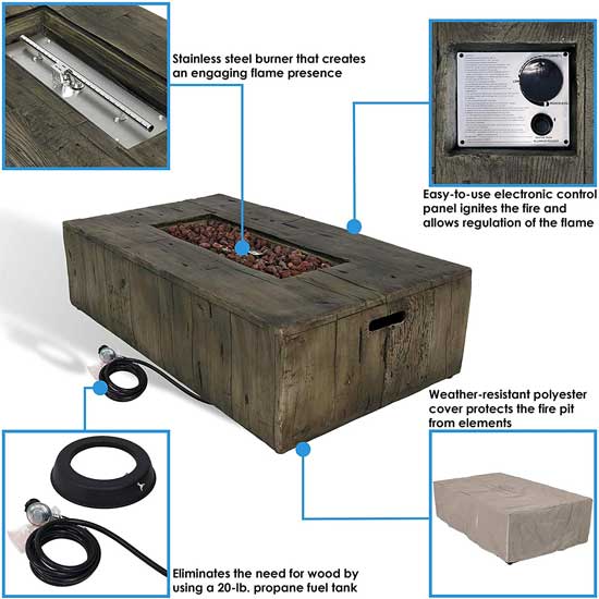 Wood-Look Fire Pit Features, Including Cover, Controls
